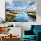 Marshland Wall Art Canvas Print, Serene Water Reflection with Blue Sky and Golden Grass