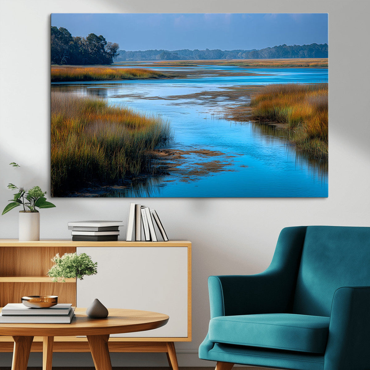 Tranquil Marshland Wall Art Canvas Print, Blue Water Reflecting Sky and Golden Grasses