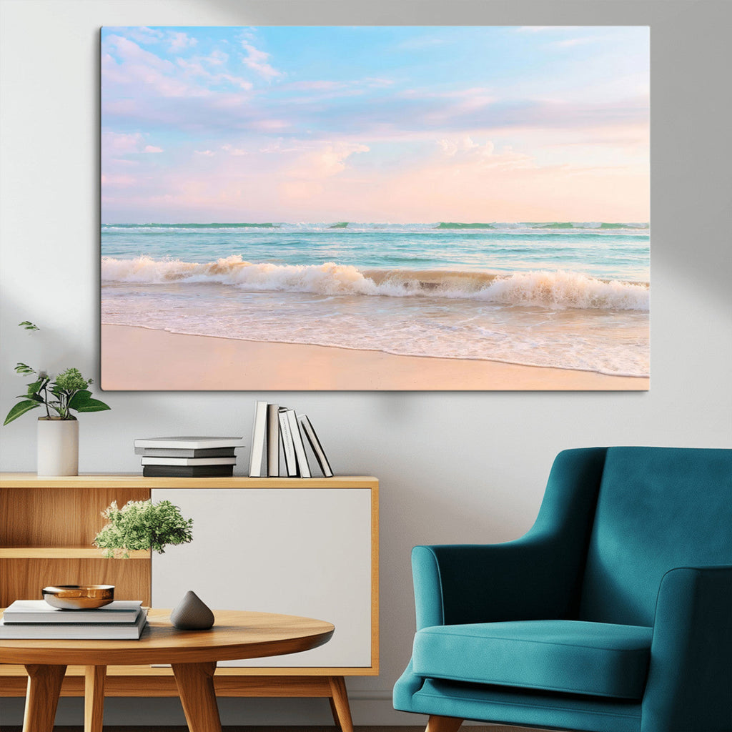 Serene Ocean Waves Wall Art Canvas Print, Pastel Sky Over a Soft Sand Beach