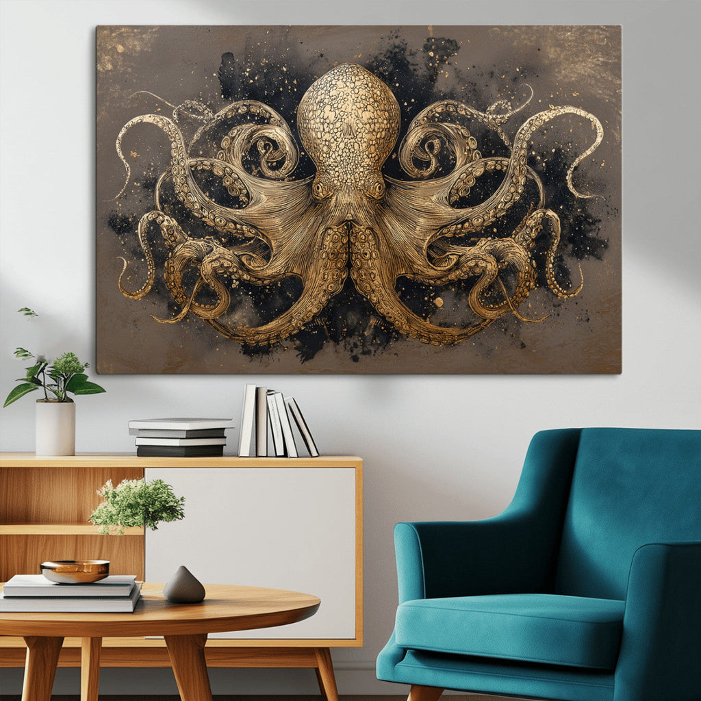 Octopus Wall Art Canvas Print, Black and Gold Detailed Tentacles Nautical Illustration