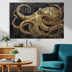 Octopus Wall Art Canvas Print, Gold Detail Octopus on Wooden Plank Background