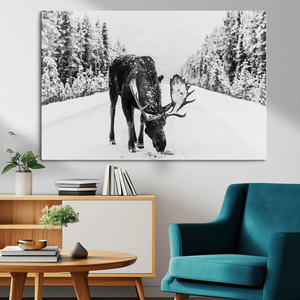Moose Wall Art Canvas Print, Winter Moose with Antlers in a Snowy Forest