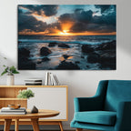 Ocean Sunset Wall Art Canvas Print, Rocky Shore Waves and Golden Sun Rays