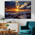 Sunset Ocean Wall Art Canvas Print, Waves on a Rocky Shore Under Dramatic Sky