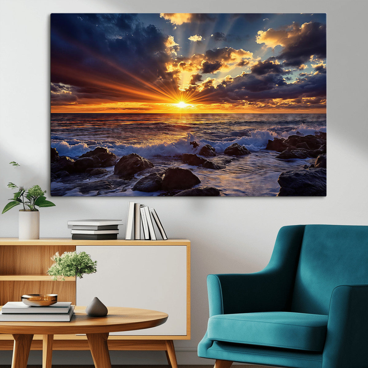Sunset Ocean Wall Art Canvas Print, Waves on a Rocky Shore Under Dramatic Sky