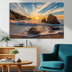 Rocky Ocean Sunset Wall Art Print, Seaside Canvas with Dramatic Seascape