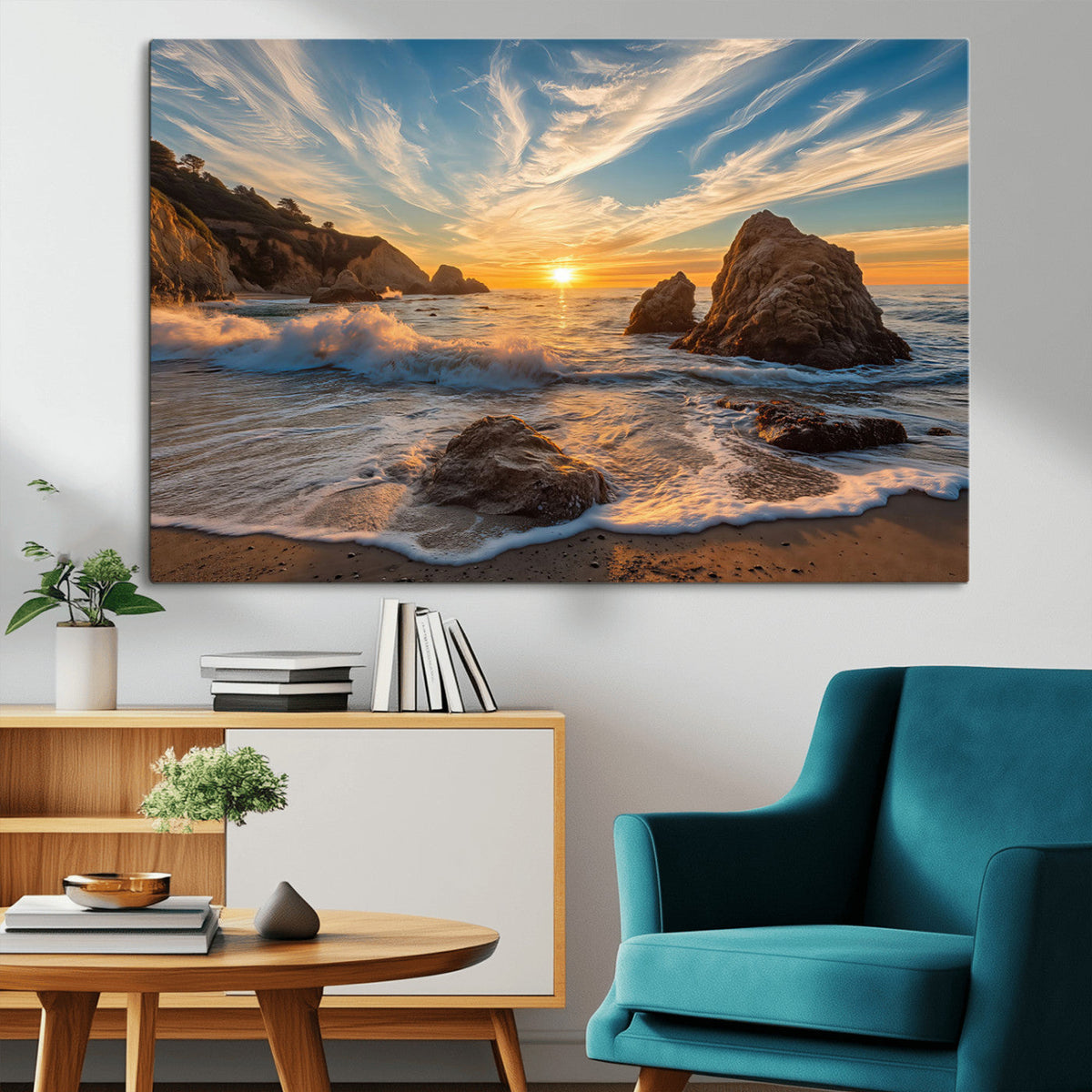 Rocky Ocean Sunset Wall Art Print, Seaside Canvas with Dramatic Seascape
