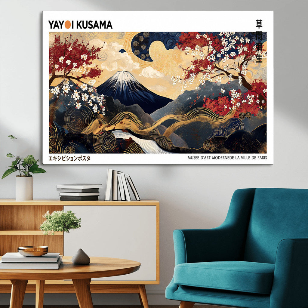 Yayoi Kusama Inspired Japanese Art Canvas Print, Floral Mt. Fuji Modern Asian Wall Decor