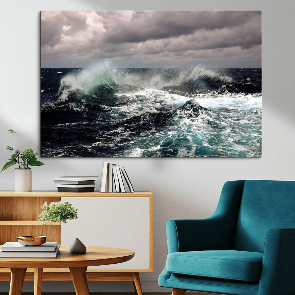 Stormy Ocean Waves Canvas Wall Art, Framed Turbulent Sea Nature Print