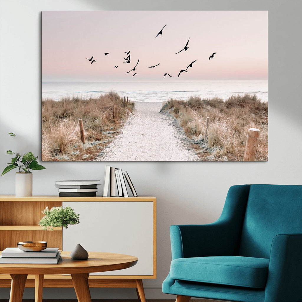 Coastal Pathway Canvas Wall Art Print, Framed Seaside Landscape with Beach and Birds