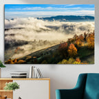 Misty Autumn Hills Wall Art Canvas Print, Foggy Forest Landscape with Fall Foliage