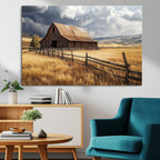 Golden Wheat Field Barn Canvas Print, Rustic Farm Landscape Under Dramatic Sky