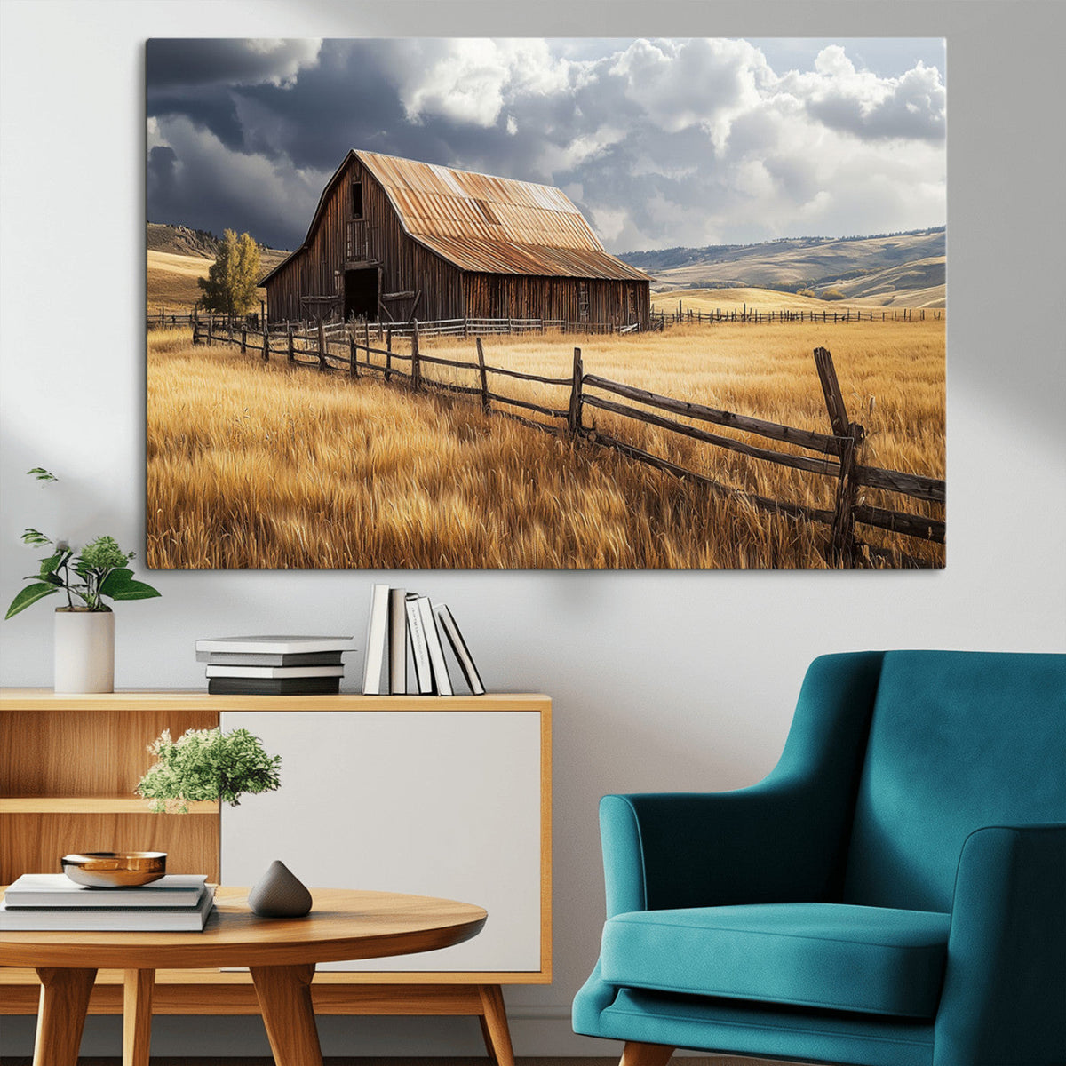 Golden Wheat Field Barn Canvas Print, Rustic Farm Landscape Under Dramatic Sky