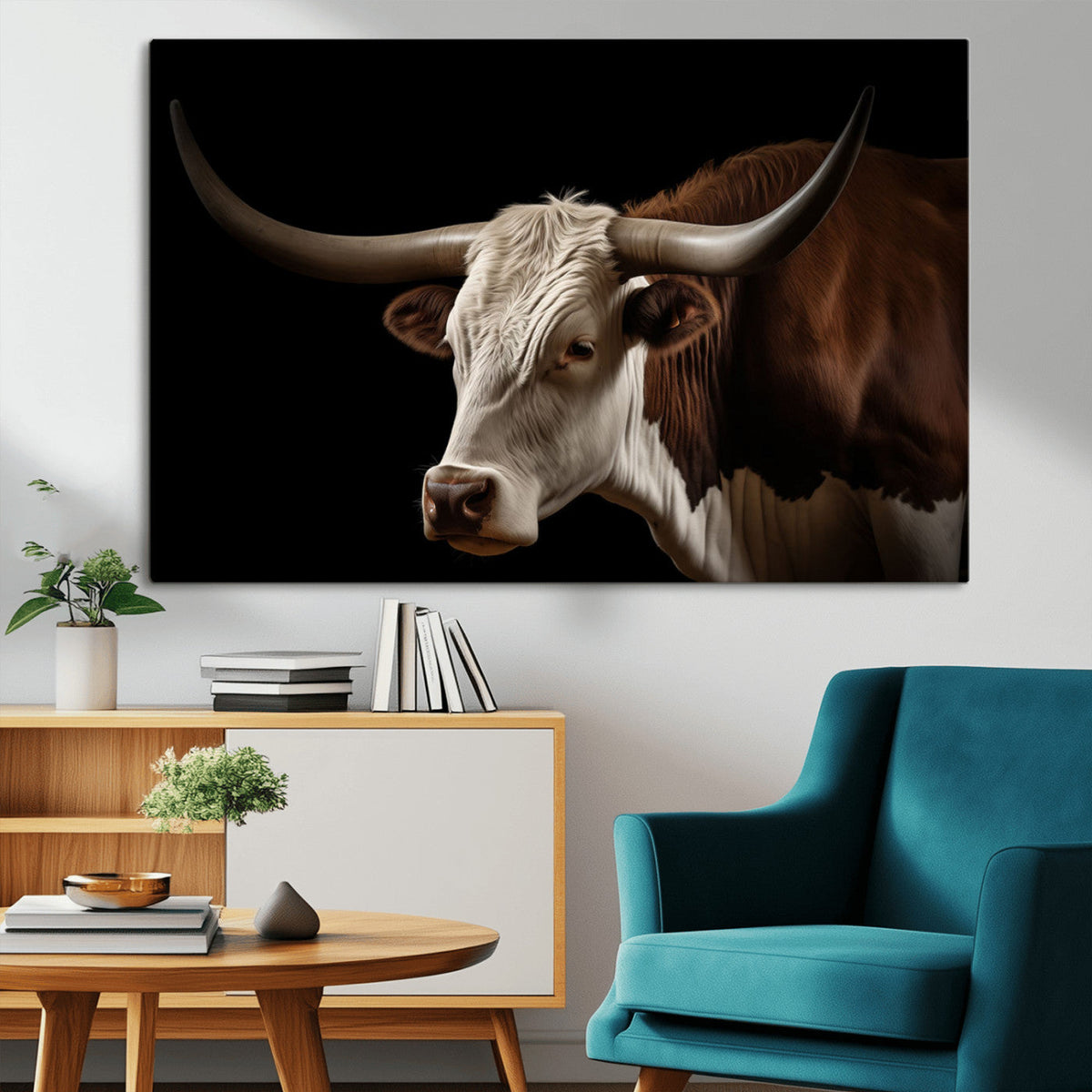 Texas Longhorn Bull Canvas Wall Art, Rustic Western Farmhouse Decor