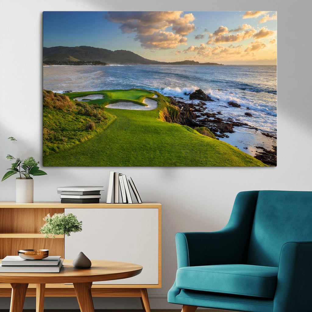 Coastal Golf Course Wall Art Canvas Print, Sunset with Rolling Green Fairways and Ocean Waves