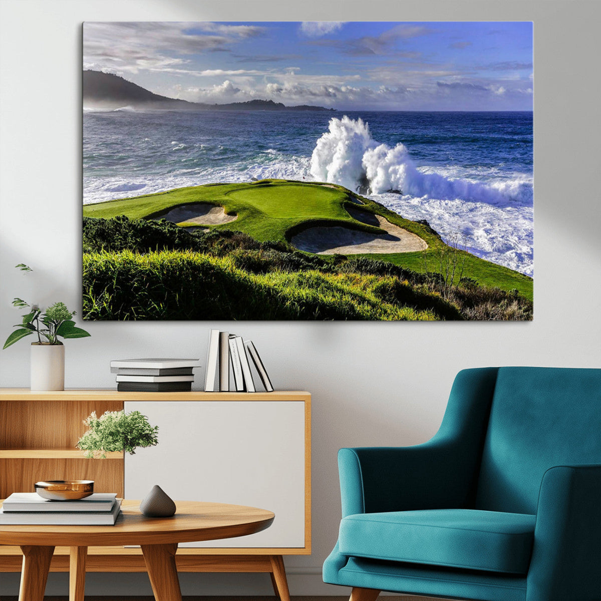 Ocean Waves Crashing Wall Art Canvas Print, Dramatic Rocky Coastline Near a Golf Course