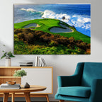 Coastal Golf Course Wall Art Canvas Print, Vibrant Green with Sand Bunkers and Ocean Waves