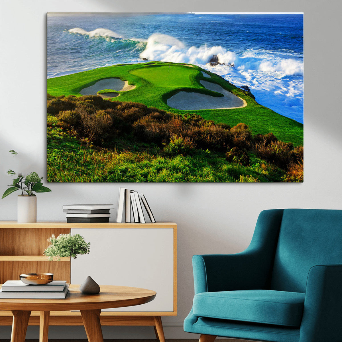 Coastal Golf Course Wall Art Canvas Print, Vibrant Green with Sand Bunkers and Ocean Waves