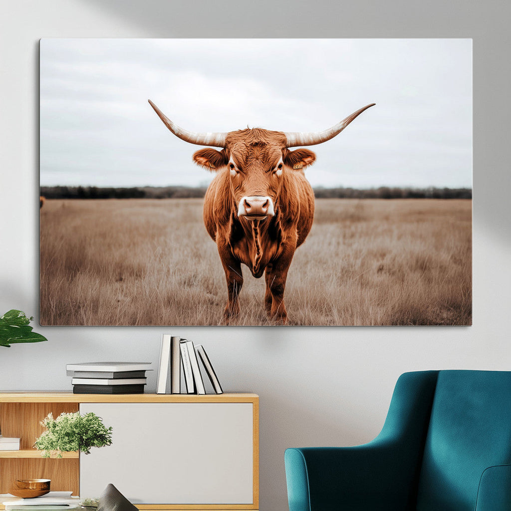 Longhorn Bull Wall Art Canvas Print, Framed Rustic Decor