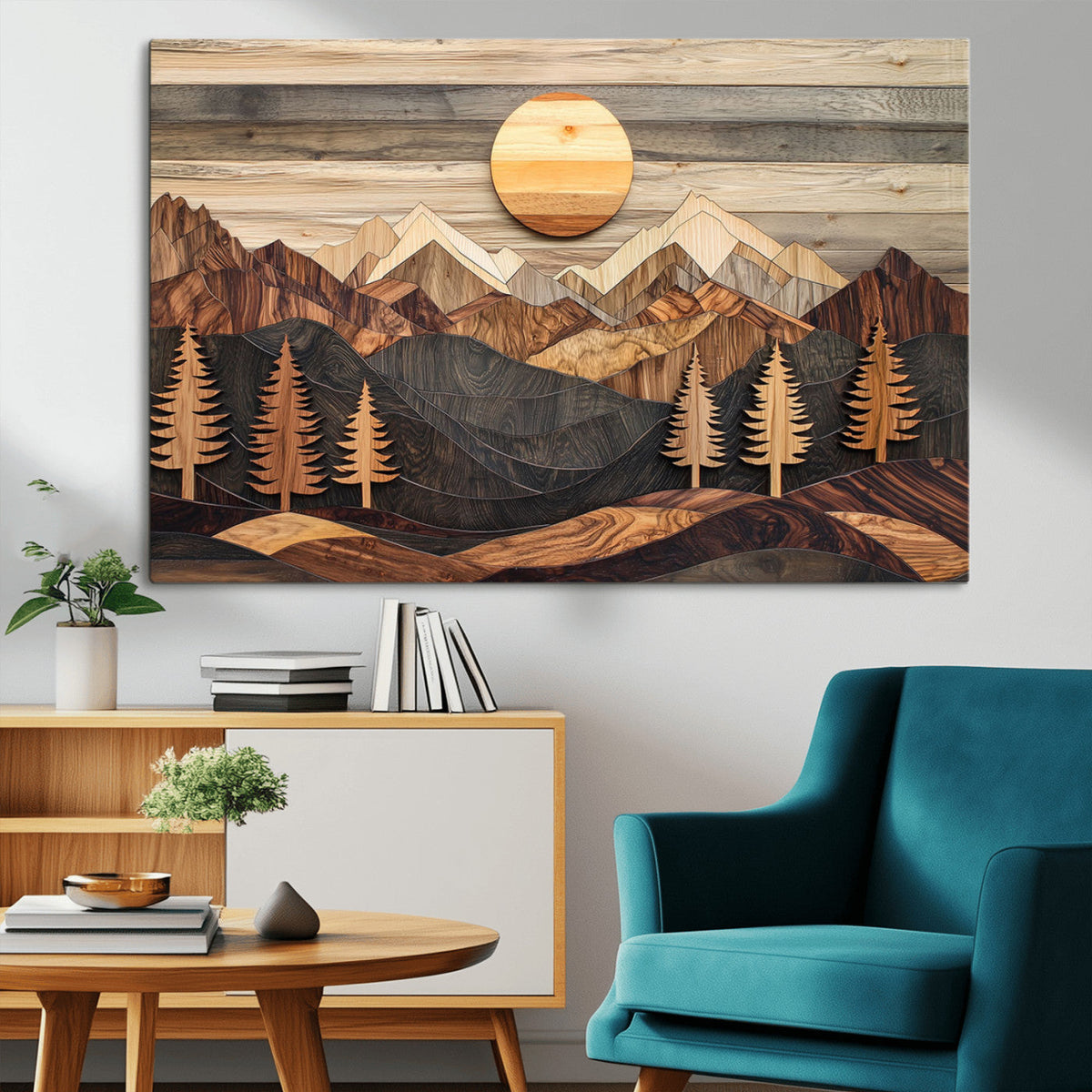 Wooden Mountain Layers Art | Rustic Pine Tree Landscape