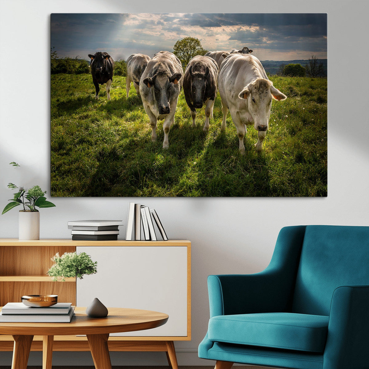 Grazing Cattle Herd Wall Art Canvas Print, Framed Green Pasture Farm Scene