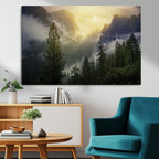 Misty Forest Sunrise Wall Art Canvas Print, Framed Mountain Valley Pine Trees