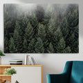Misty Pine Forest Wall Art Canvas Print, Lush Green Trees Surrounded by Gentle Fog