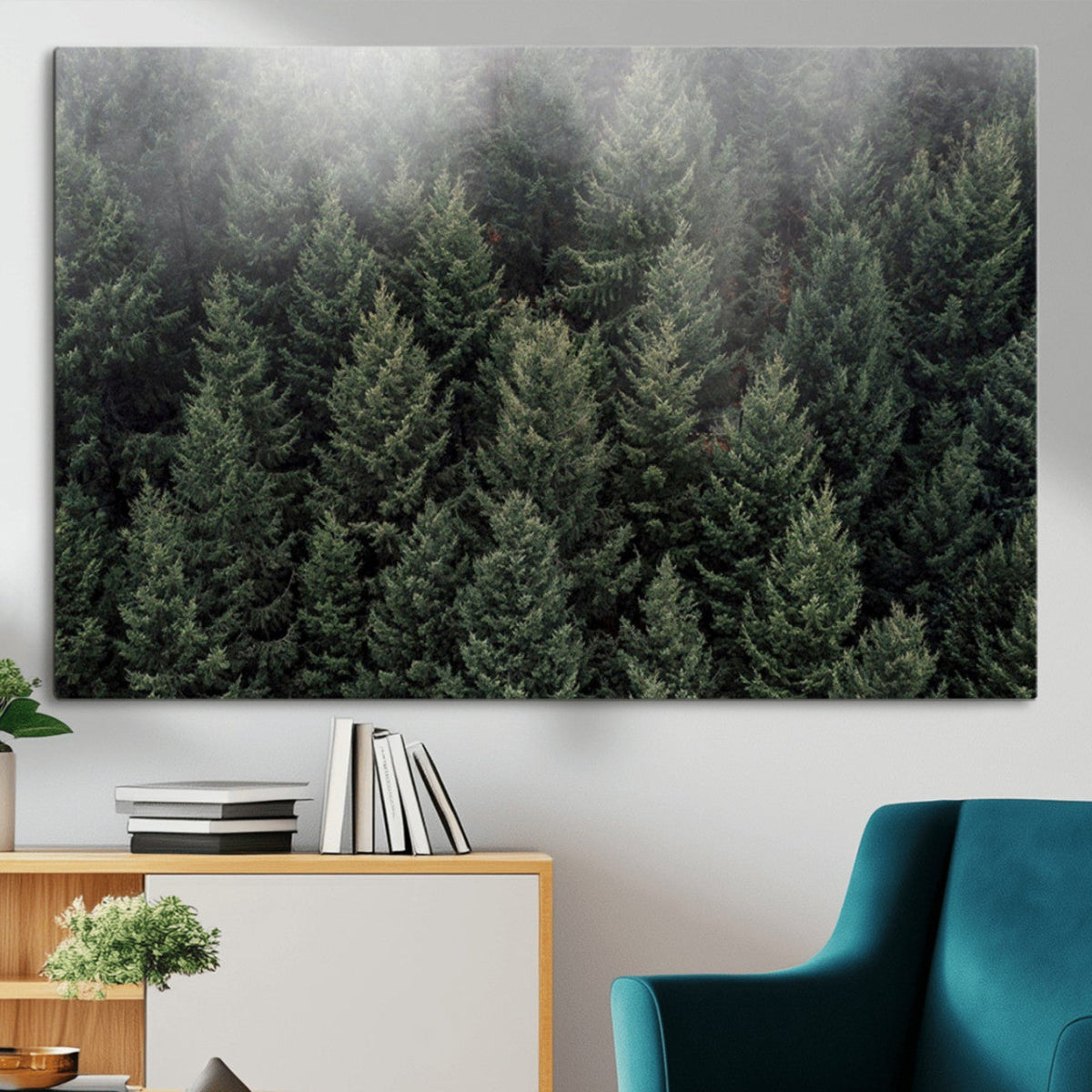 Misty Pine Forest Wall Art Canvas Print, Lush Green Trees Surrounded by Gentle Fog