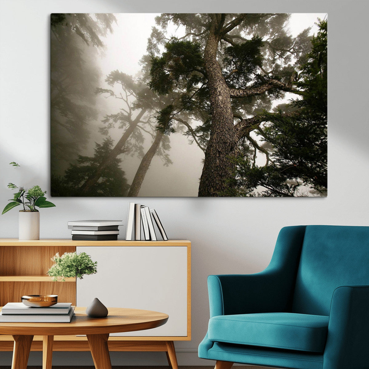 Misty Forest Wall Art Canvas Print, Framed Tall Trees in Foggy Atmosphere
