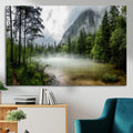 Misty Lake Forest Wall Art, Green Trees and Calm Water Reflection, Mountain Fog Landscape Canvas
