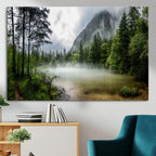 Misty Lake Forest Wall Art, Green Trees and Calm Water Reflection, Mountain Fog Landscape Canvas