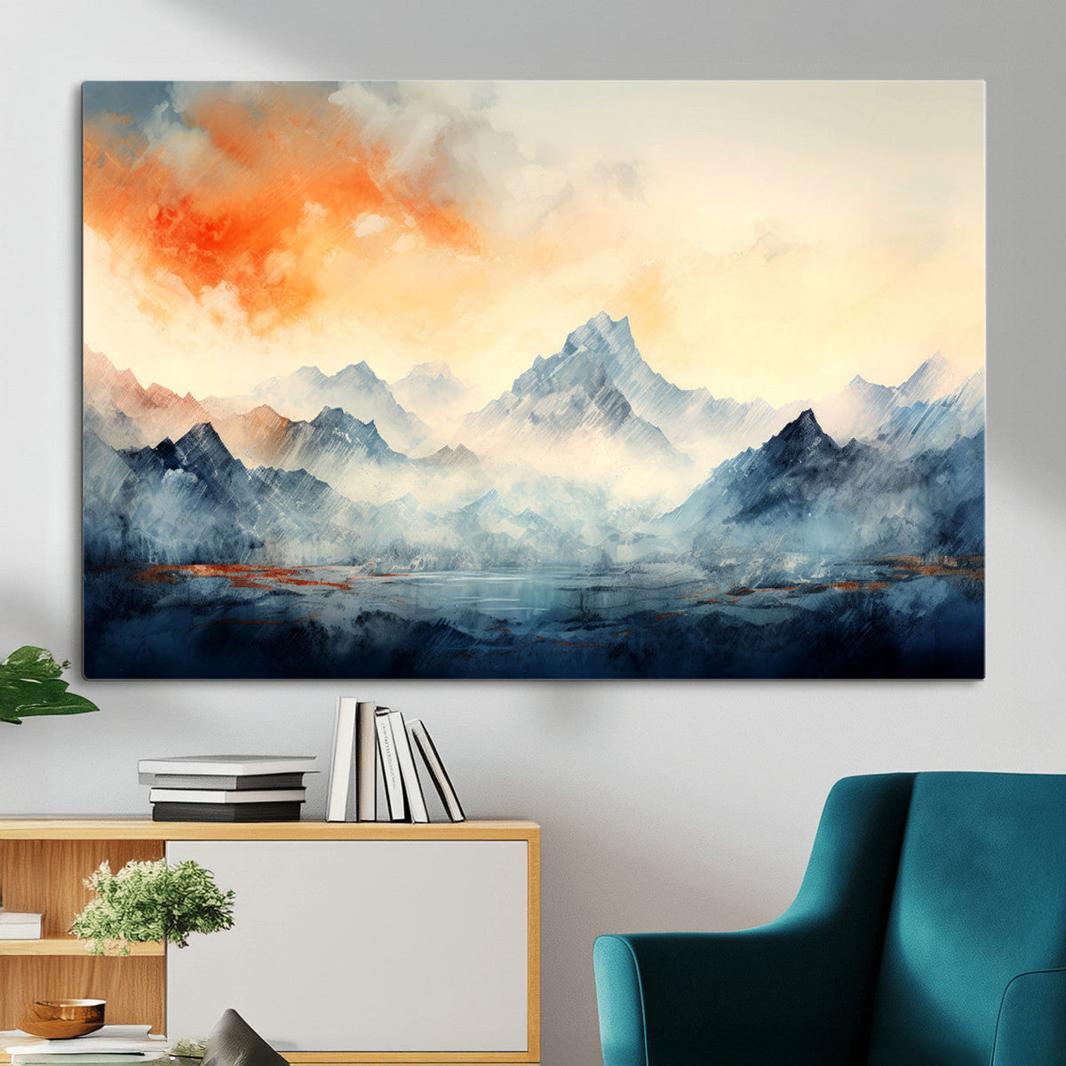 Warm Clouds Abstract Mountain Wall Art, Modern Landscape Canvas Print