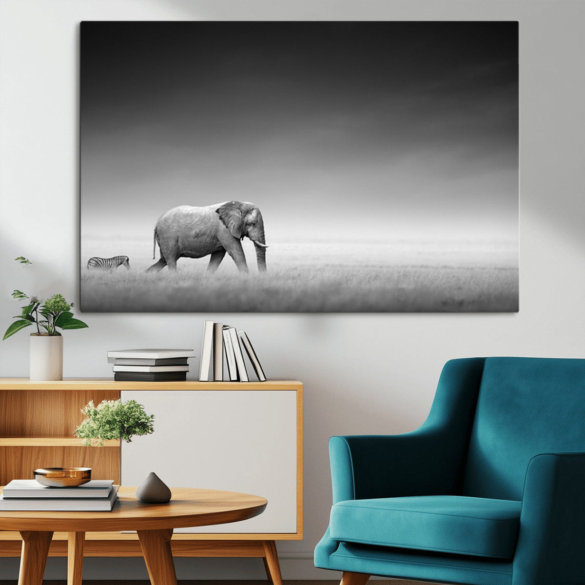 Elephant and Zebra Wall Art Canvas Print, Modern Artwork