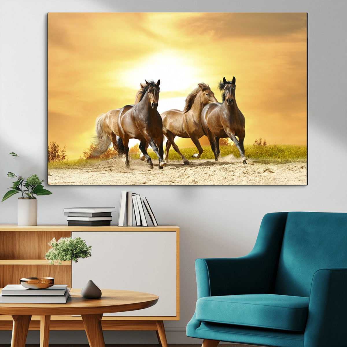 Wild Horses Wall Art Canvas Print, Framed Galloping Herd