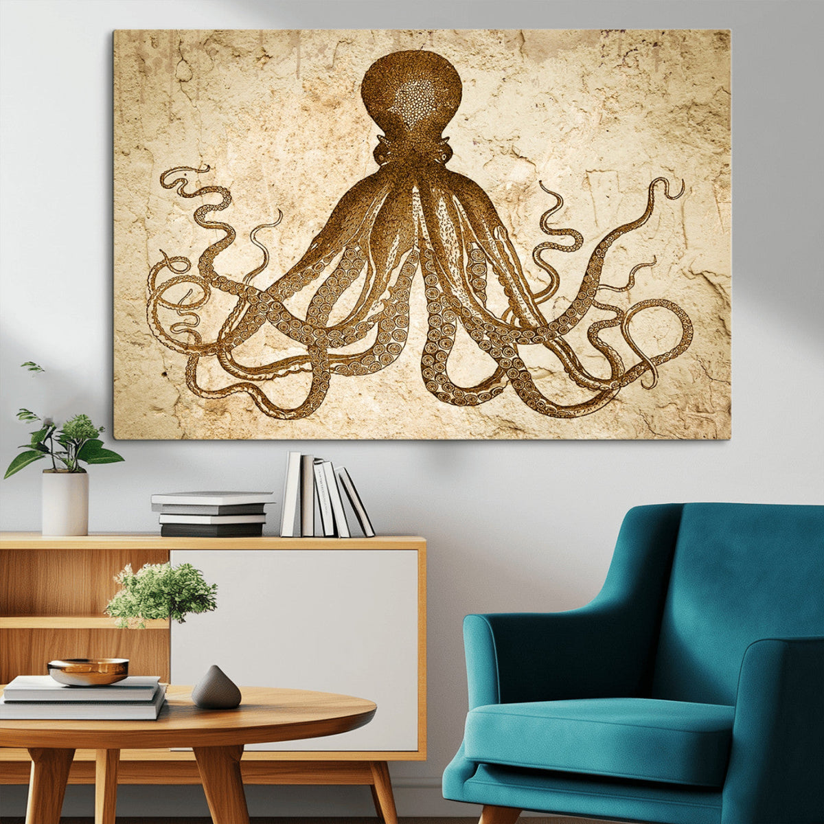Sepia Octopus Wall Art Abstract Animal Canvas Print