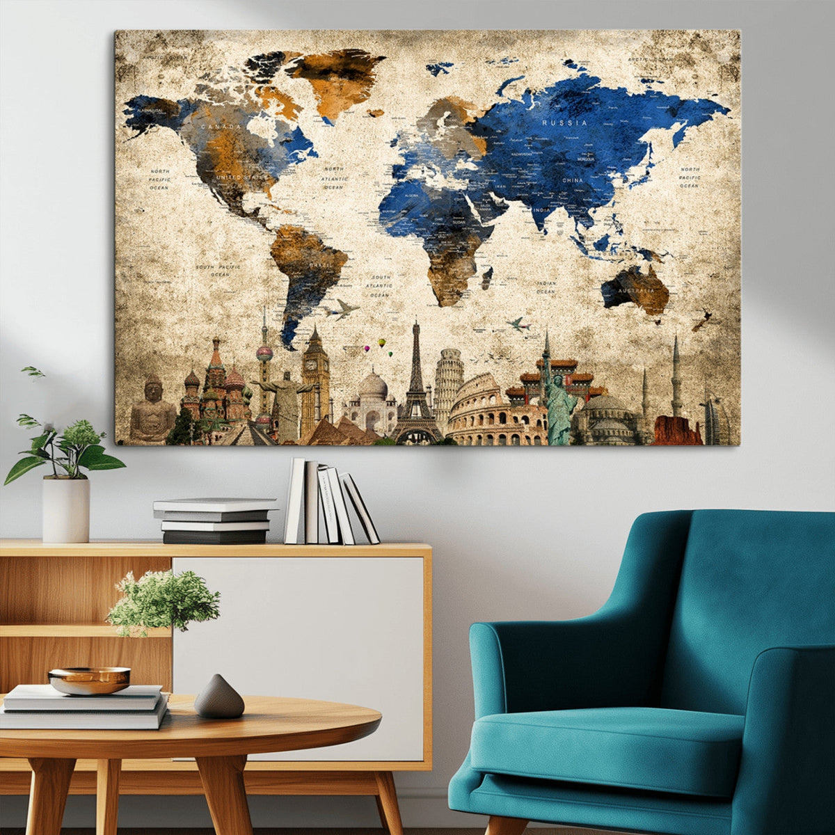 World Map Canvas Print | Vintage Blue and Gold World Map Wall Art