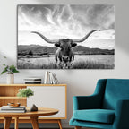 Longhorn Black and White Wall Art | Rustic Western Bull Canvas Print
