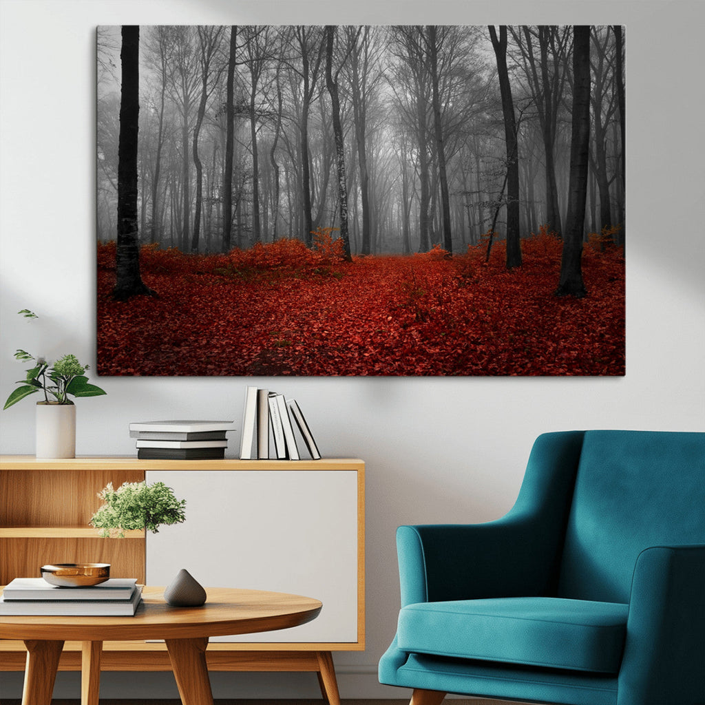 Red Forest Floor Canvas Wall Art | Mystical Foggy Woodland Triptych