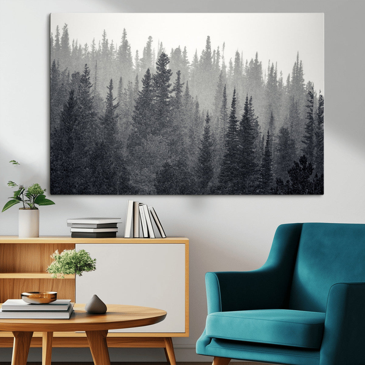 Misty Forest Canvas Wall Art | Monochrome Triptych Pine Tree Print