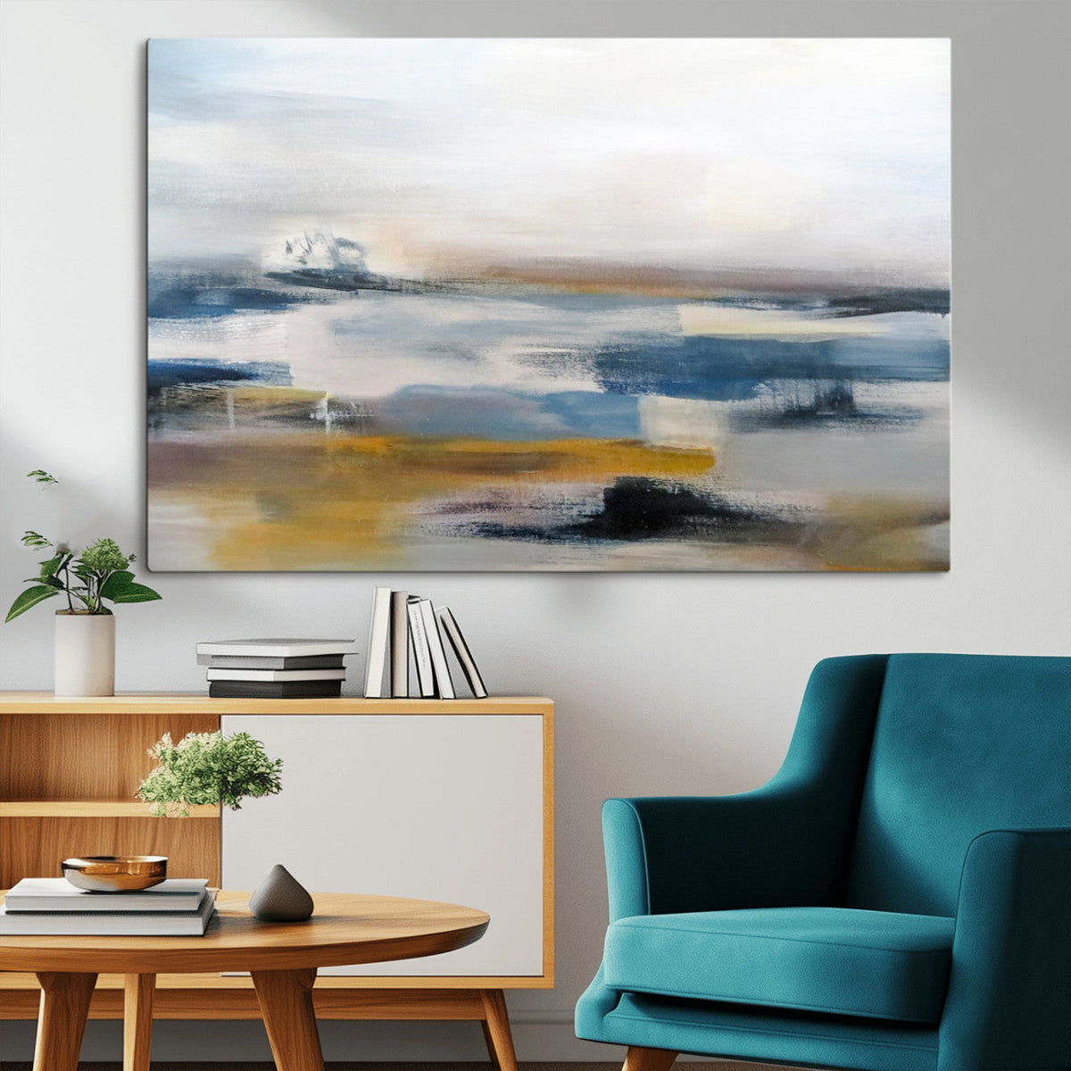 Abstract Landscape Wall Art Canvas | 3 Panel Modern Blue, Gold and White Canvas Art
