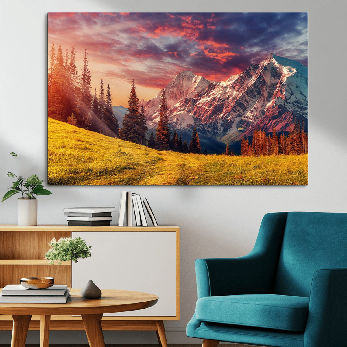 Mountain and Daylight Red Sunset Wall Art Canvas Print