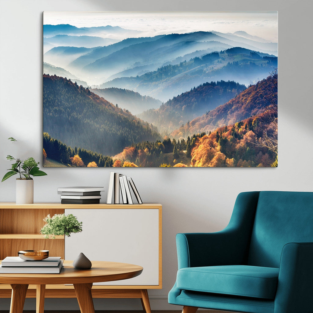 Misty Mountain Sunrise Triptych Canvas Print | Autumn Landscape Wall Art
