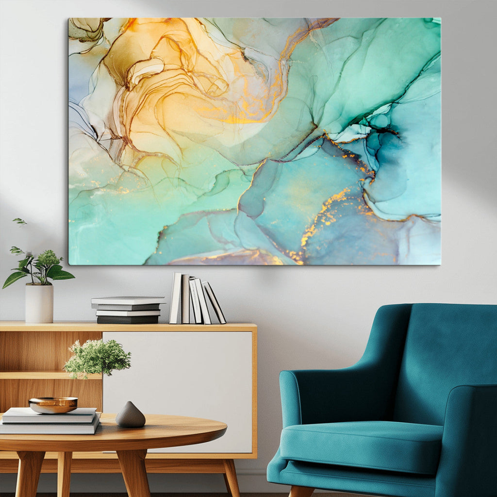 Abstract Aqua and Gold Fluid Wall Art Canvas | 3 Panel Large Canvas Print