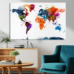 Bold Colorful World Map Canvas Print | Detailed Map of the World Wall Art