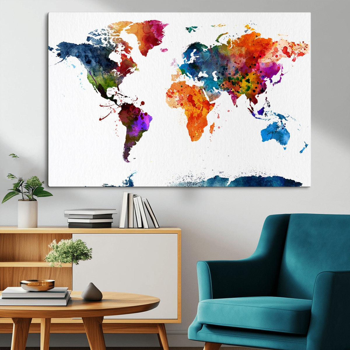 Bold Colorful World Map Canvas Print | Detailed Map of the World Wall Art