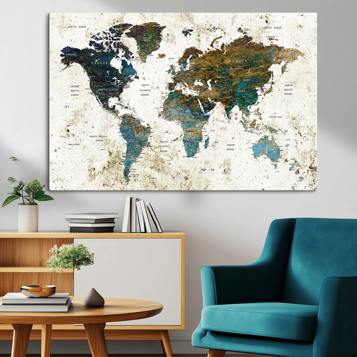 Vintage World Map Wall Art Canvas Print, Framed Rustic Earth Tone Map