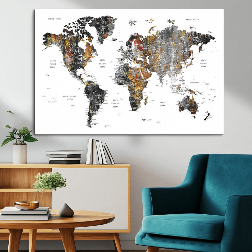 Modern Metallic World Map Canvas Wall Art | Framed Contemporary World Map Print