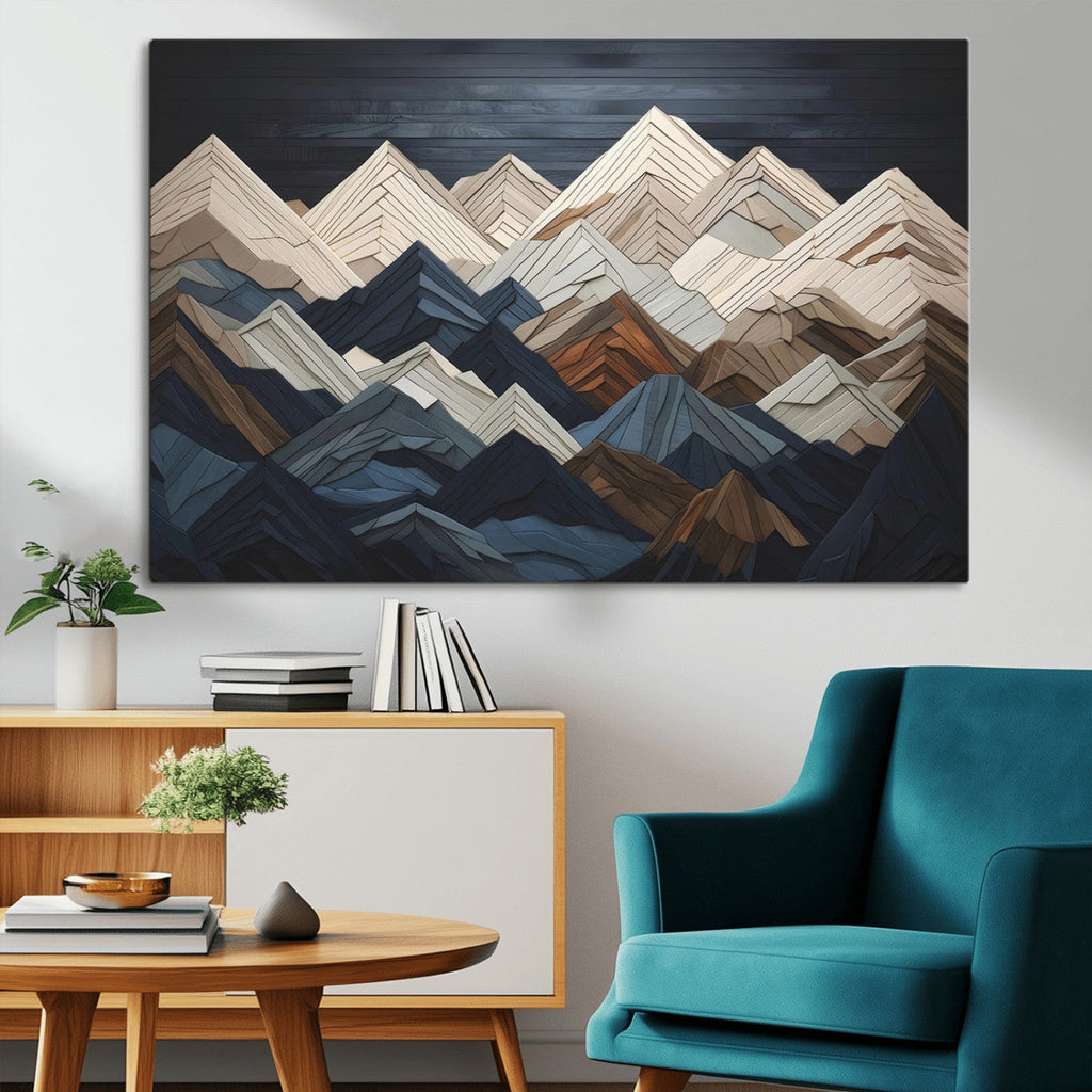Rustic Mountain Landscape Wall Art Canvas Print, Framed 3D Wooden Effect Mountain Art
