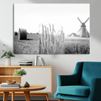 Vintage Farmhouse Black and White Triptych Wall Art, Giclee Canvas with Wheat Fields, Hay Bales and Windmill