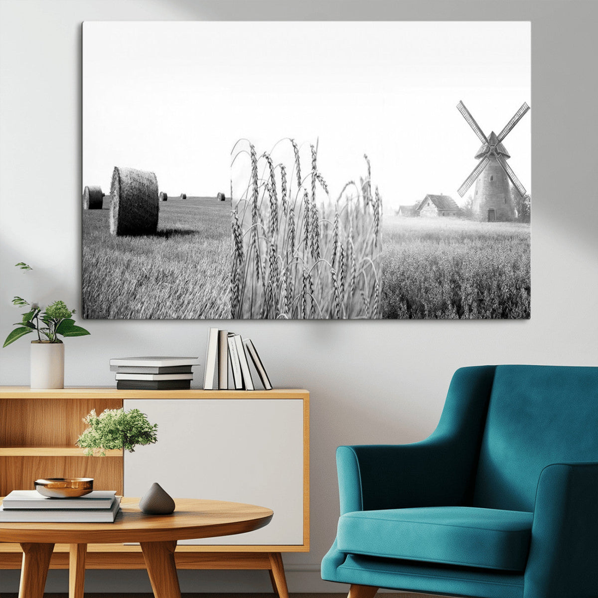 Vintage Farmhouse Black and White Triptych Wall Art, Giclee Canvas with Wheat Fields, Hay Bales and Windmill